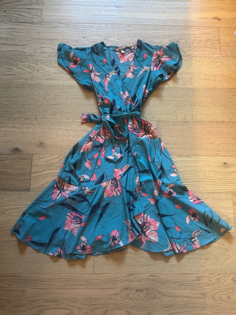 A New Day Teal Floral Wrap Midi Dress Medium Flutter Sleeve Tie Waist